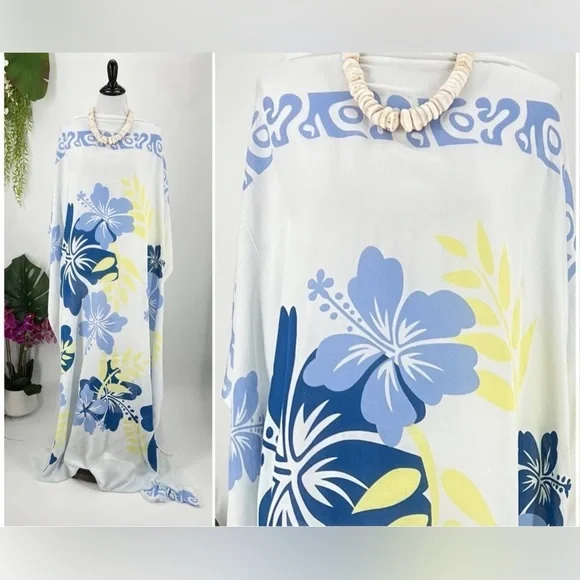 White Blue Yellow Tropical Hibiscus MAXI SARONG Kīkepa Pareo Beach Wrap Skirt - Picture 4 of 4